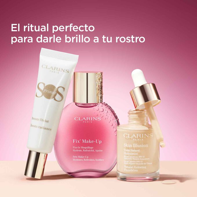 Selección de productos de belleza esenciales para un ritual de cuidado de la piel que incluye una prebase, un spray fijador de maquillaje y una base de maquillaje