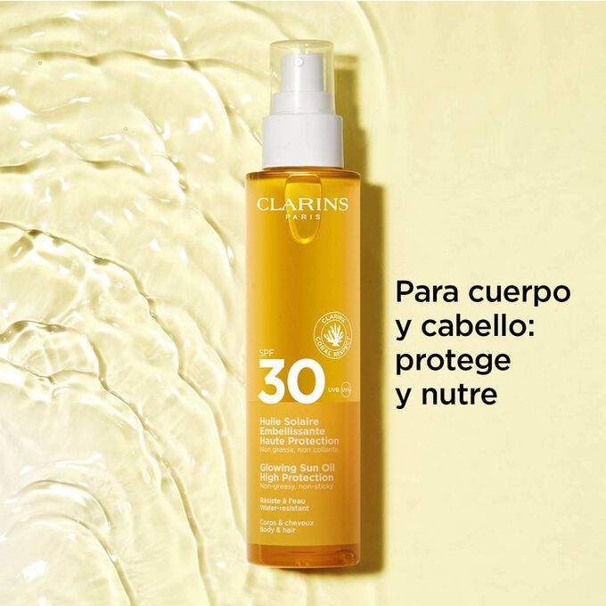 Foto con fondo de textura del spray de aceite de protección solar 30+ para cabello y cuerpo con texto sobre sus efectos protectores y nutritivos